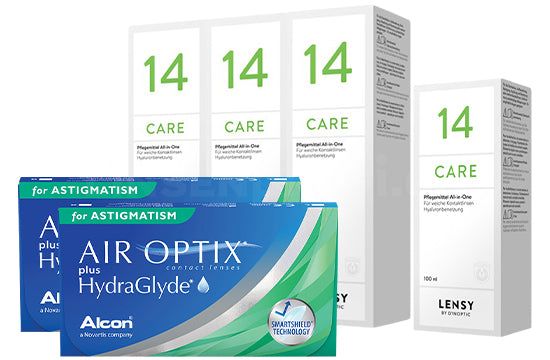 Air Optix plus HydraGlyde for Astigmatism & Lensy Care 14, Halbjahres-Sparpaket