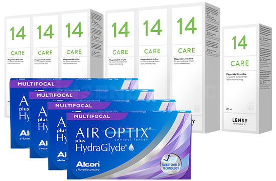 Air Optix plus HydraGlyde Multifocal & Lensy Care 14, Jahres-Sparpaket